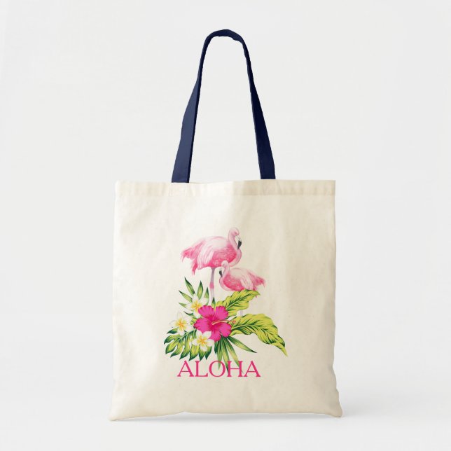 Tote Bag Hibiscus & Flamants roses roses Conception tropica (Devant)