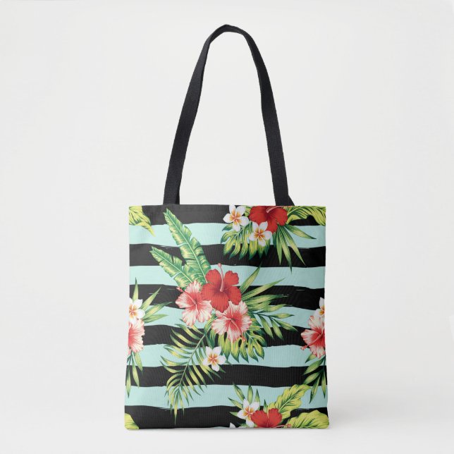 Tote Bag Hibiscus hawaïen et Motif de rayures noires et de  (Devant)