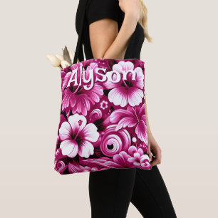 Tote Bag Hibiscus hawaïen tropical blanc rose Personnalisé