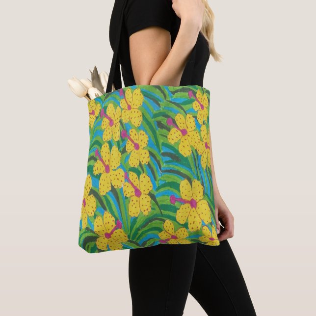Tote Bag Hibiscus jaune Impression tropicale (De près)