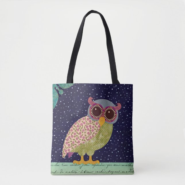 Tote Bag Hibou de motif de calicot d'art populaire la nuit (Devant)