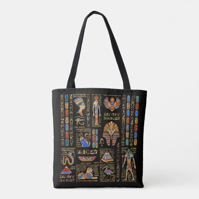 Tote Bag Hiéroglyphes et divinités égyptiens en noir (Dos)