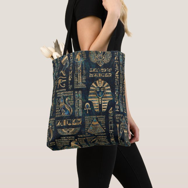 Tote Bag Hiéroglyphes et divinités égyptiens - ormeau et or (De près)