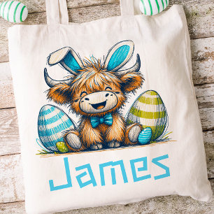 Tote Bag Highland Cow Pâques Enfants Nom Garçons Bunny