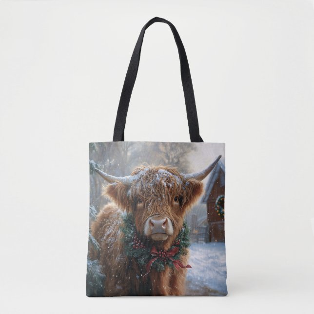 Tote Bag Highland Cow Rustic Barnyard Noël (Devant)