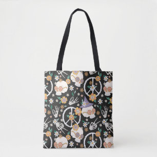 Tote Bag Hippie Halloween Skulls et Fleurs Motif