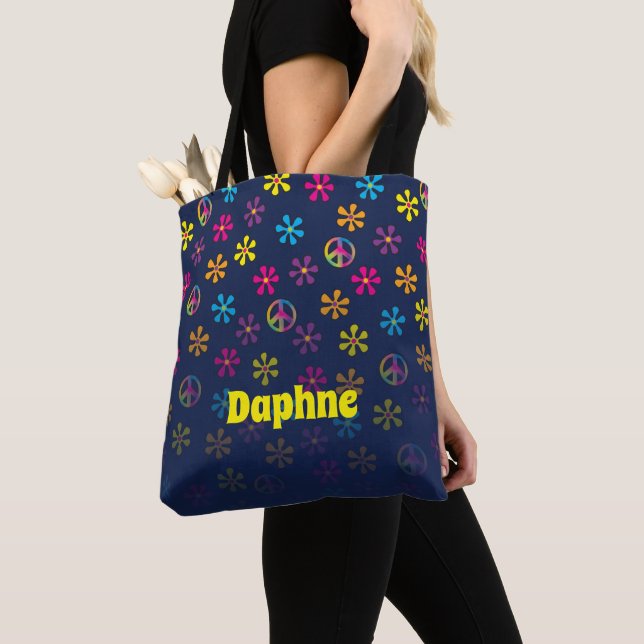 Tote Bag Hippie super Paix et Douche à Fleur Nom personnali (De près)