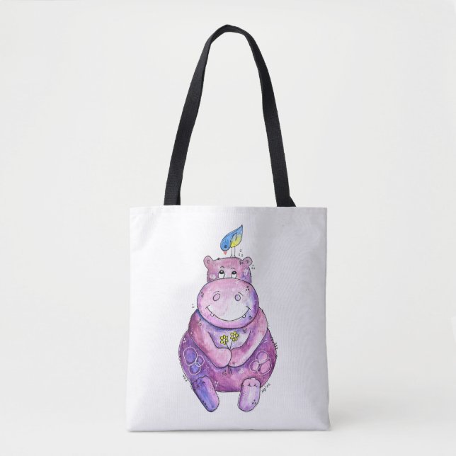 Tote Bag Hippo mignon violet blanc (Devant)
