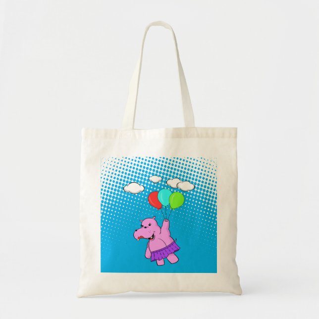 Tote Bag Hippo Rose Volant Avec Ballons Dans Ciel Bleu (Devant)