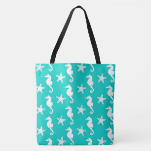 Tote Bag Hippocampe et étoiles de mer - blanc sur la