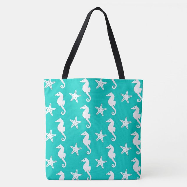 Tote Bag Hippocampe et étoiles de mer - blanc sur la (Devant)