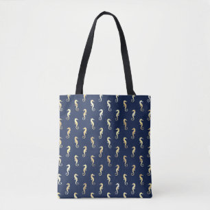 Tote Bag Hippocampes de ton doré sur fond bleu marine