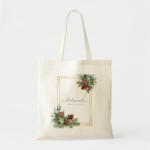 Tote Bag Hiver Red Berries Pine Cones Mariage