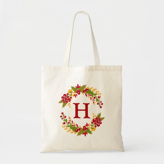 Tote Bag Holly Berries Wreath Monogrammé (Devant)