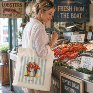 Tote Bag Homard de la Côte Rayures Bleues Nautiques avec No