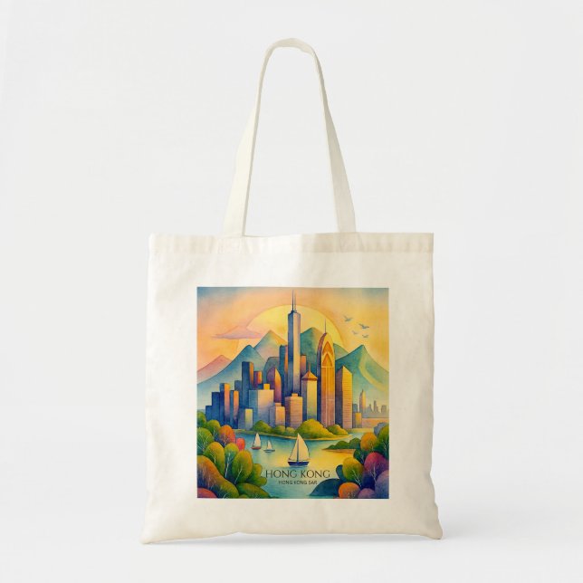 Tote Bag Hong Kong ciel Watercolor | Gif de voyage (Devant)