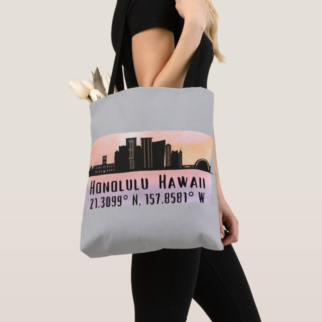 Tote Bag Honolulu Skyline Latitude et Longitude (De près)