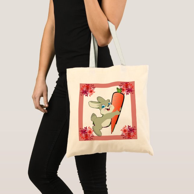 Tote Bag Hopping Lapin de Pâques avec carotte Floral (Devant (produit))