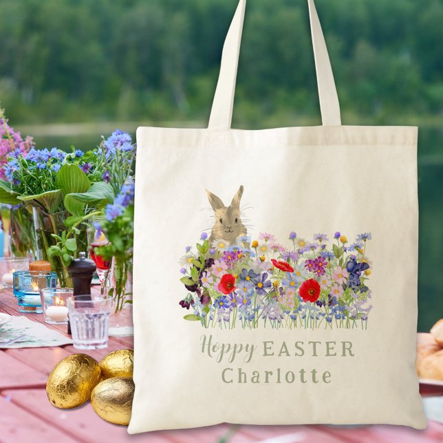 Tote Bag Hoppy Chasse aux oeufs de Pâques Bunny Fleurs sauv (Personalized kids name Easter egg hunt cute bunny spring watercolor wildflower floral tote bag)