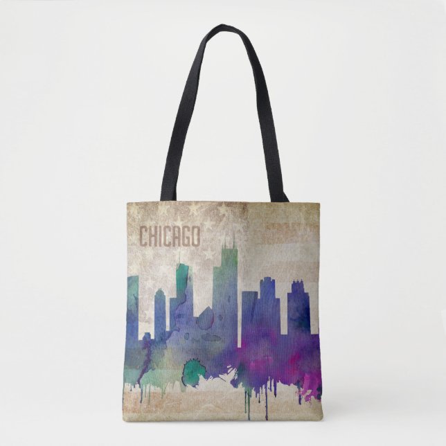 Tote Bag Horizon de ville d'aquarelle de Chicago, IL | (Devant)