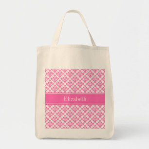 Tote Bag Hot Pink 2 Wht Damask #3 Hot Pink Nom Monogram