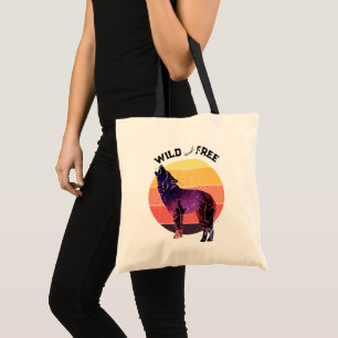 Tote Bag Howling Wolf Retro Stripe Wild Free