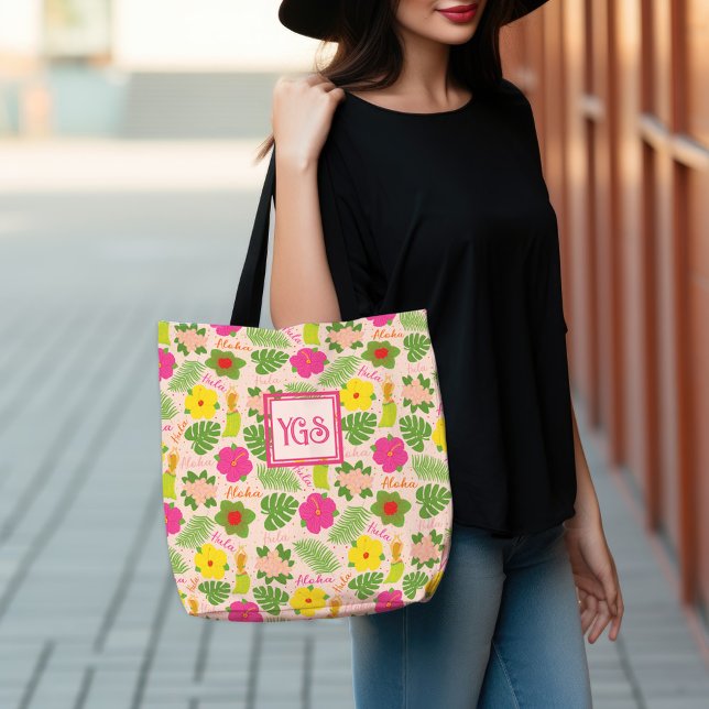 Tote Bag Hula Monogram Art Hawaii brillant (Tropical Monogram Hawaiian Flower Aloha Hula Woman Tote Bag)