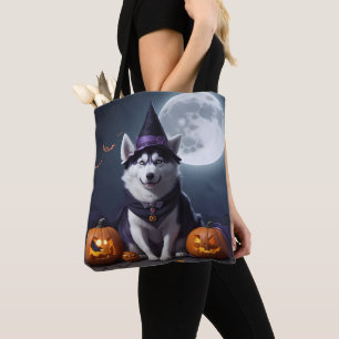 Tote Bag Husky Chien Halloween Aventure Lune Magie Éffrayan