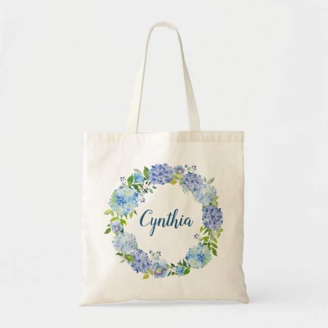 Tote Bag Hydrangée bleue Aquarelle Florale Wreath Bridesmai (Devant)