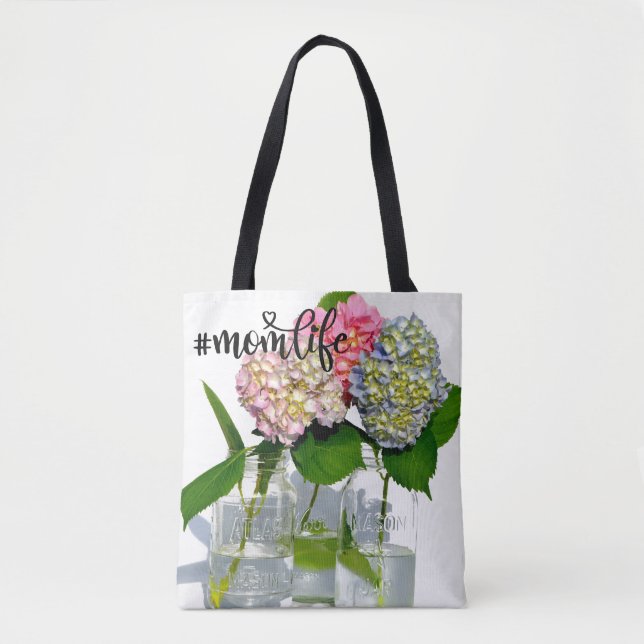 Tote Bag Hydrangées florales rose pâle bleu jaune vert (Devant)