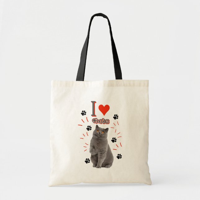 Tote Bag I ❤️ Cats – Cute Cat & Paw Print Design (Devant)