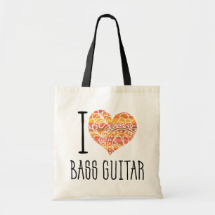 Tote Bag I Love Bass Guitar Orange Mandala Heart