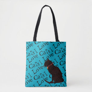 Tote Bag I Love Cats Blue Graphic Fourre-tout