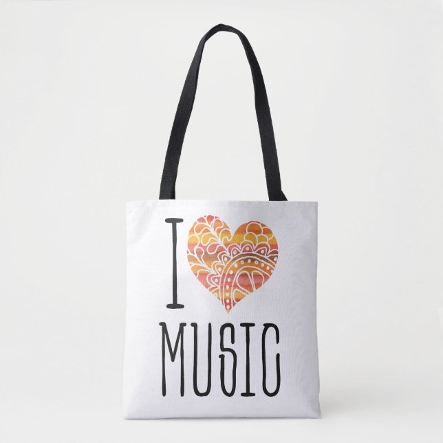 Tote Bag I Love Music Orange Jaune Mandala Heart (Devant)