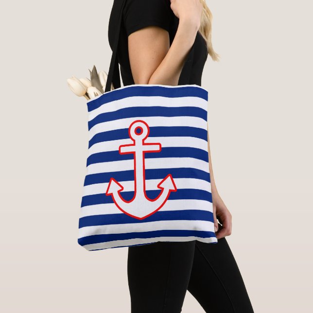 Tote Bag Icône Ancre de style nautique sur les bandes (De près)