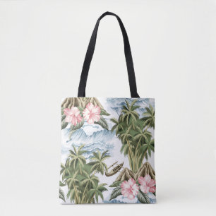Tote Bag Ile vintage hawaïenne, palmier, bateau, rose 