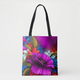 Tote Bag Illustration d'art numérique florale néon vibrante