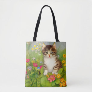 Tote Bag Illustration de chat souriant vintage