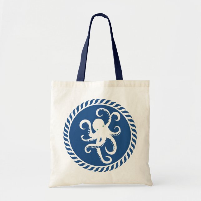 Tote Bag Illustration de la pieuvre blanche et bleue marine (Devant)