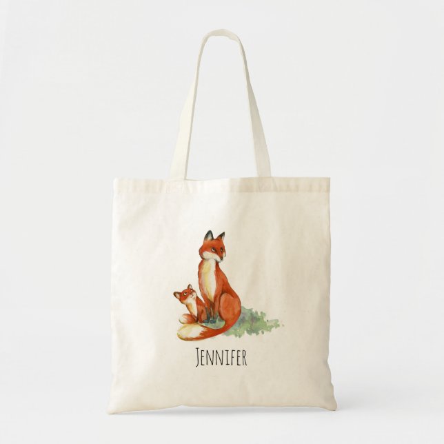Tote Bag Illustration de l'aquarelle Momma Fox et Baby (Devant)
