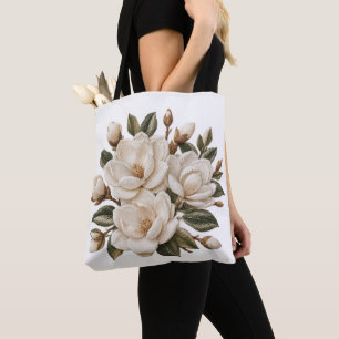 Tote Bag Illustration de magnolia blanche brodée en faux 3D