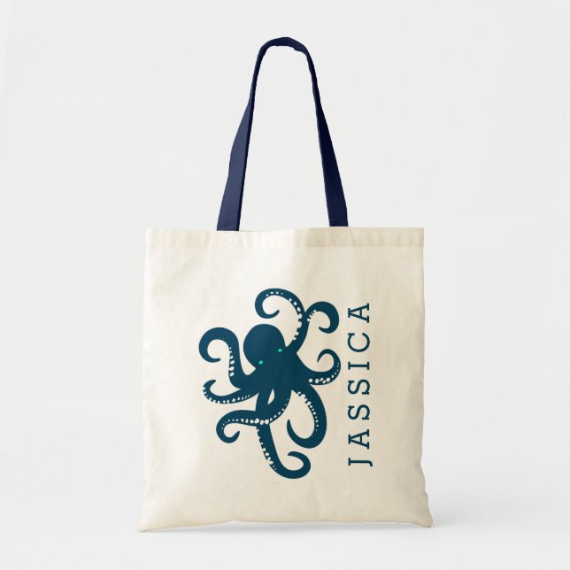 Tote Bag Illustration de pieuvre bleu marine (Devant)