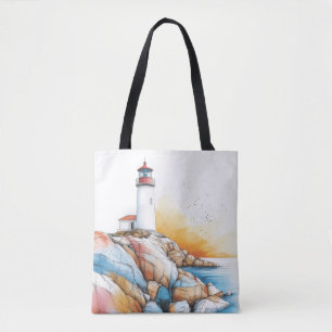 Tote Bag Illustration du phare de la mer Dessin Pastel