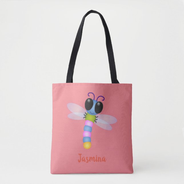 Tote Bag Illustration d'une libellule bleu et rose (Devant)