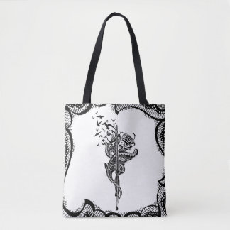 Tote Bag Illustration énervée de stylo, rose et d'oiseaux