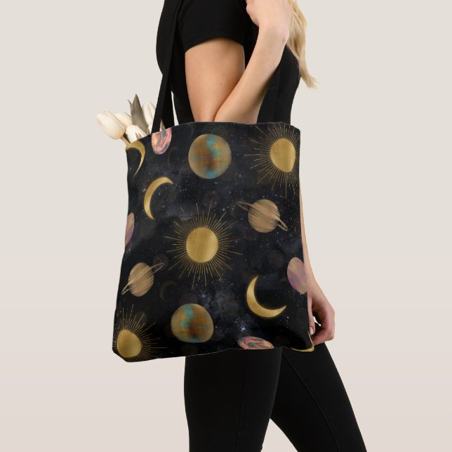 Tote Bag Illustration Gold Sun Moon Planètes Space (De près)