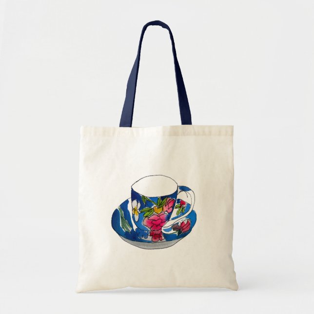 Tote Bag illustration originale de l'aquarelle Teacups vint (Devant)