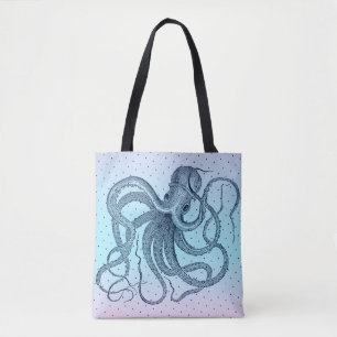 Tote Bag Illustration vintage bleu marine de poulpes de