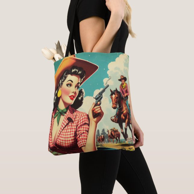 Tote Bag Illustration vintage Pulp Cowgirl (De près)