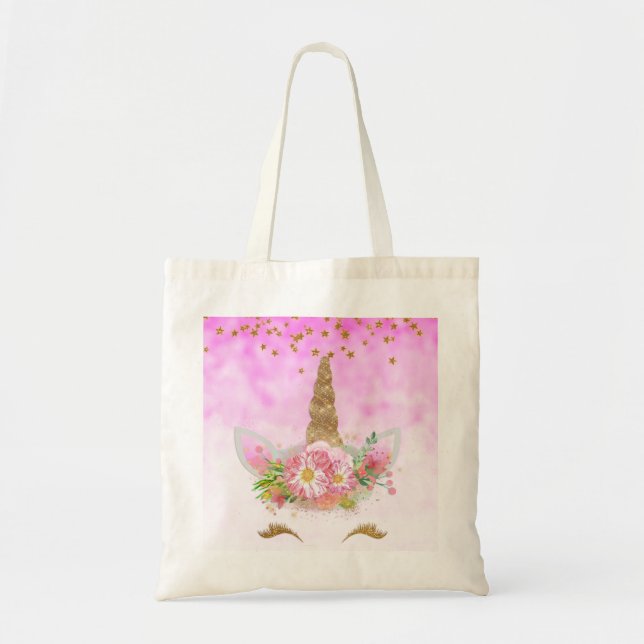 Tote Bag Imaginaire rose et étoiles d'or licorne (Devant)